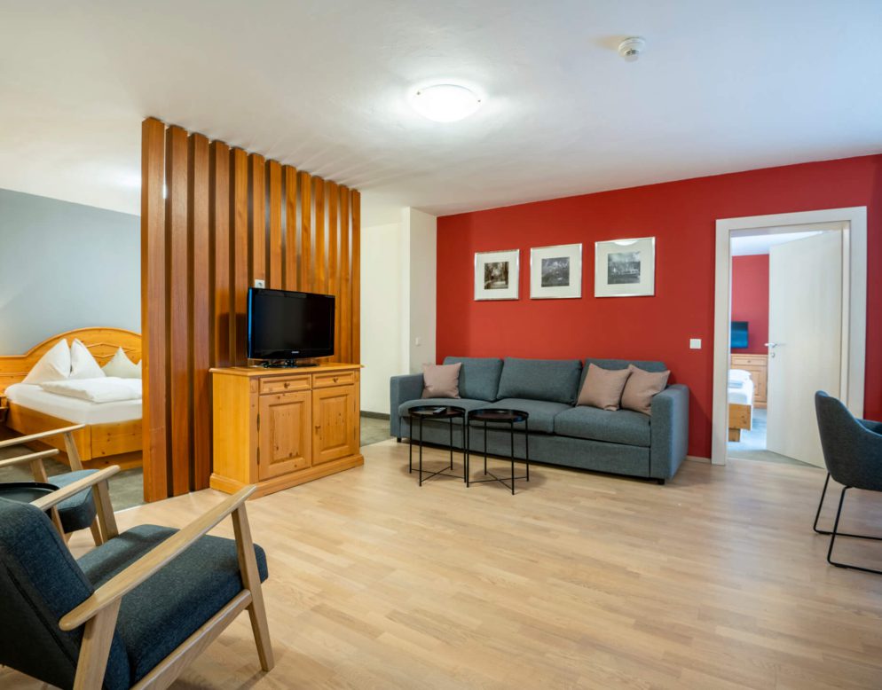 Modernes Apartment mit Holzboden, Schlafbereich, Sofa, TV, Essplatz und Balkonzugang